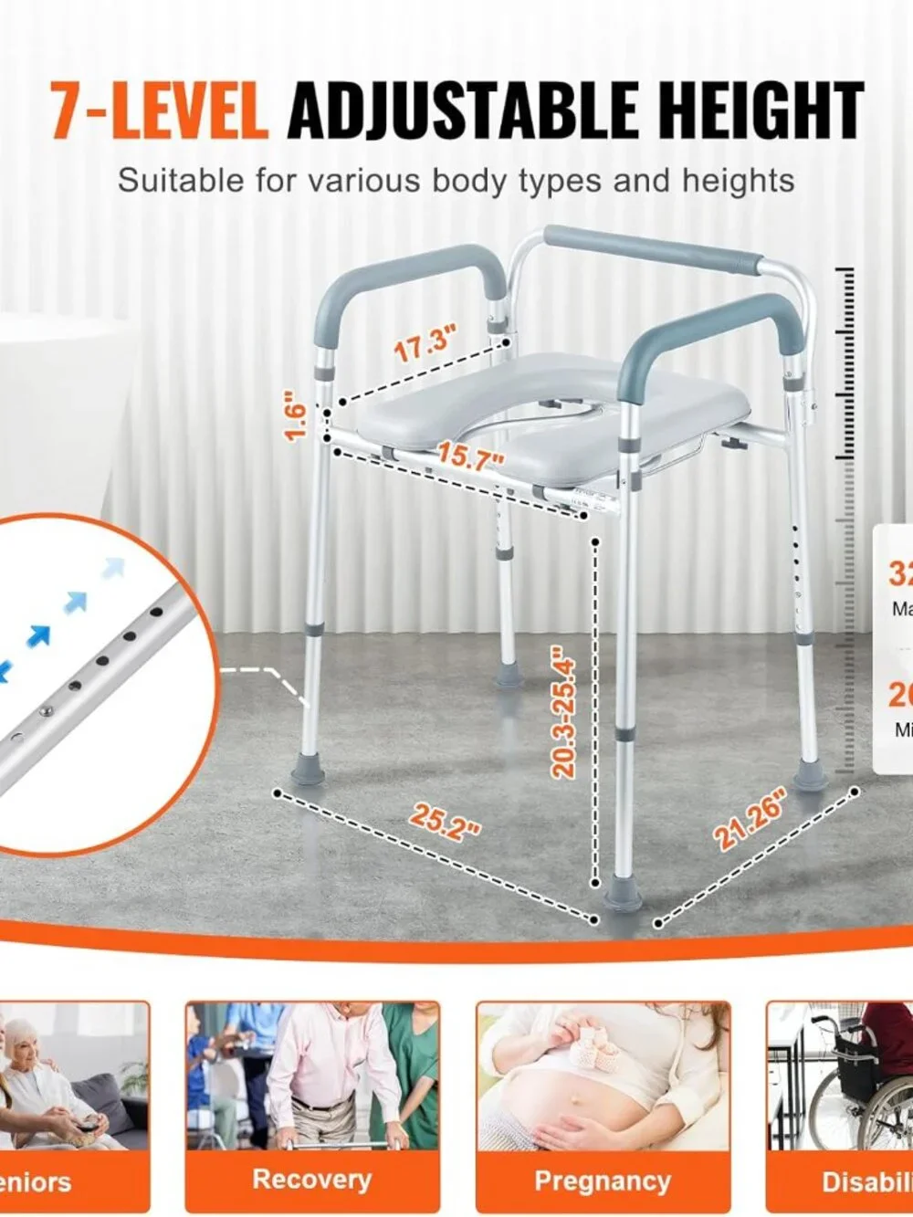 VEVOR Raised Toilet Seat, Adjustable Height with 5 Levels, Drop-Arm Design